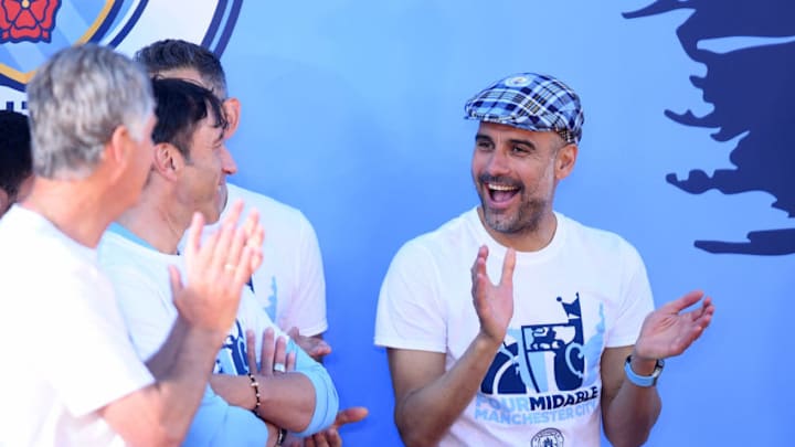 MANCHESTER, ENGLAND - MAY 20: Josep Guardiola, Manager of Manchester City ce during the Manchester City Teams Celebration Parade on May 20, 2019 in Manchester, England. (Photo by Nathan Stirk/Getty Images)