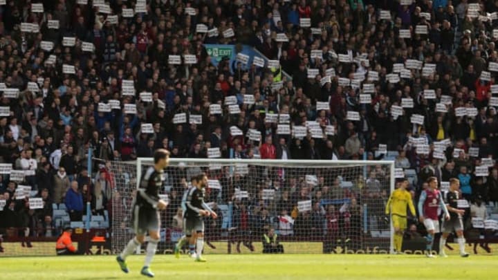 BIRMINGHAM, ENGLAND - APRIL 02: Aston Villa supporters in The Holte End hold up banners saying 'proud history what future during the Barclays Premier League match between Aston Villa and Chelsea at Villa Park on April 2, 2016 in Birmingham, England. (Photo by James Baylis - AMA/Getty Images)