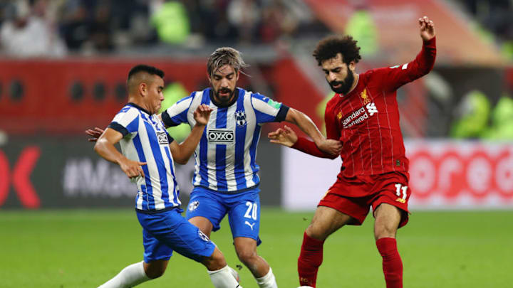 DOHA, QATAR - DECEMBER 18: Rodolfo Pizarro and Leonel Vangioni of C.F. Monterrey battles for possession with Mohamed Salah of Liverpool during the FIFA Club World Cup semi-final match between Monterrey and Liverpool at Education City Stadium on December 18, 2019 in Doha, Qatar. (Photo by Francois Nel/Getty Images)