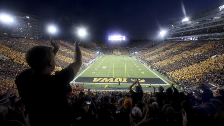 IOWA CITY, IA - SEPTEMBER 10: Fans cheer as the Iowa Hawkeyes face the Iowa State Cyclones on September 10, 2016 at Kinnick Stadium in Iowa City, Iowa. (Photo by Matthew Holst/Getty Images)