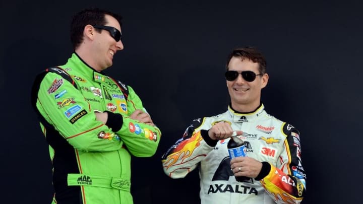 Nov 22, 2015; Homestead, FL, USA; NASCAR Sprint Cup Series drivers Kyle Busch (left) and Jeff Gordon (right) before the Ford EcoBoost 400 at Homestead-Miami Speedway. Mandatory Credit: Jasen Vinlove-USA TODAY Sports