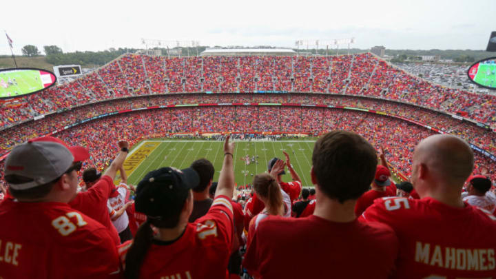 KANSAS CITY, MO – SEPTEMBER 22: A high view of Arrowhead Stadium as fans do the Tomahawk Chop in the third quarter of an AFC matchup between the Baltimore Ravens and Kansas City Chiefs on September 22, 2019 in Kansas City, MO. (Photo by Scott Winters/Icon Sportswire via Getty Images) DraftKings Showdown