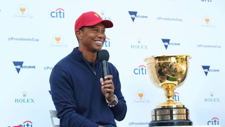 MELBOURNE, AUSTRALIA - DECEMBER 06: Tiger Woods speaks next to the Presidents Cup during a Presidents Cup media opportunity at the Yarra Promenade on December 5, 2018 in Melbourne, Australia. The Presidents Cup 2019 will be held on December 9-15, 2019, when it returns to the prestigious Royal Melbourne Golf Club in Australia. (Photo by Scott Barbour/Getty Images)