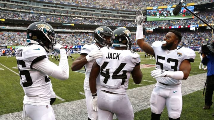 EAST RUTHERFORD, NJ – SEPTEMBER 09: Myles Jack #44 of the Jacksonville Jaguars celebrates with teammates after intercepting a pass by Eli Manning #10 of the New York Giants in the fourth quarter and scoring a touchdown at MetLife Stadium on September 9, 2018 in East Rutherford, New Jersey. (Photo by Jeff Zelevansky/Getty Images)