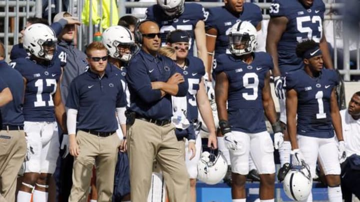 STATE COLLEGE, PA – SEPTEMBER 09: Head coach James Franklin of the Penn State Nittany Lions looks on from the sideline against the Pittsburgh Panthers at Beaver Stadium on September 9, 2017 in State College, Pennsylvania. (Photo by Justin K. Aller/Getty Images)