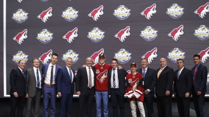 Jun 24, 2016; Buffalo, NY, USA; Jakob Chychrun poses for a photo after being selected as the number sixteen overall draft pick by the Arizona Coyotes in the first round of the 2016 NHL Draft at the First Niagra Center. Mandatory Credit: Timothy T. Ludwig-USA TODAY Sports