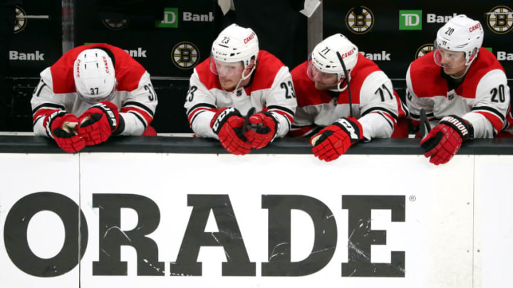 BOSTON, MASSACHUSETTS - MAY 12: The Carolina Hurricanes bench reacts during the third period in Game Two of the Eastern Conference Final against the Boston Bruins during the 2019 NHL Stanley Cup Playoffs at TD Garden on May 12, 2019 in Boston, Massachusetts. (Photo by Adam Glanzman/Getty Images)