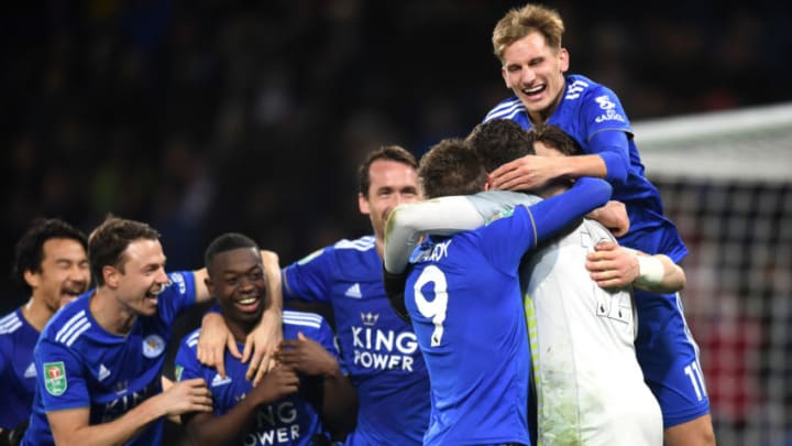 LEICESTER, ENGLAND - NOVEMBER 27: Marc Albrighton, Danny Ward and Jamie Vardy celebrates with team mates after winning a penalty shoot out during the Carabao Cup Fourth Round match between Leicester City and Southampton at The King Power Stadium on October 30, 2018 in Leicester, England. (Photo by Michael Regan/Getty Images)