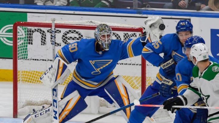 ST. LOUIS, MO - MARCH 2: Jordan Binnington #50 of the St. Louis Blues makes a save against the Dallas Stars at Enterprise Center on March 2, 2019 in St. Louis, Missouri. (Photo by Scott Rovak/NHLI via Getty Images)