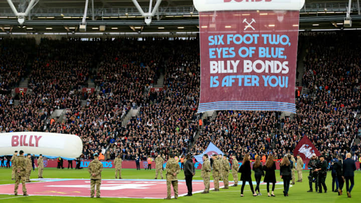 LONDON, ENGLAND - MARCH 02: A Billy Bonds sign is seen above the pitch prior to the Premier League match between West Ham United and Newcastle United at London Stadium on March 02, 2019 in London, United Kingdom. (Photo by Stephen Pond/Getty Images)