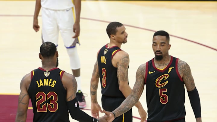 CLEVELAND, OH – JUNE 6: LeBron James #23 and JR Smith #5 of the Cleveland Cavaliers high five in Game Three of the 2018 NBA Finals against the Golden State Warriors on June 6, 2018 at Quicken Loans Arena in Cleveland, Ohio. NOTE TO USER: User expressly acknowledges and agrees that, by downloading and/or using this photograph, user is consenting to the terms and conditions of the Getty Images License Agreement. Mandatory Copyright Notice: Copyright 2018 NBAE (Photo by Joe Murphy/NBAE via Getty Images)