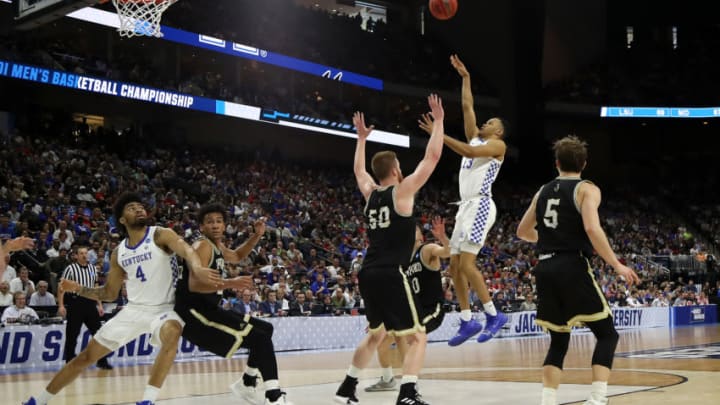 JACKSONVILLE, FLORIDA - MARCH 23: Jemarl Baker Jr. #13 of the Kentucky Wildcats shoots against Matthew Pegram #50 of the Wofford Terriers during the first half of the game in the second round of the 2019 NCAA Men's Basketball Tournament at Vystar Memorial Arena on March 23, 2019 in Jacksonville, Florida. (Photo by Sam Greenwood/Getty Images)