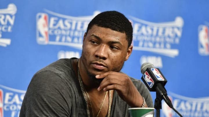 CLEVELAND, OH - MAY 21: Marcus Smart #36 of the Boston Celtics talks to the media during a press conference after Game Three of the Eastern Conference Finals against the Cleveland Cavaliers during the 2017 NBA Playoffs on May 21, 2017 at Quicken Loans Arena in Cleveland, Ohio. NOTE TO USER: User expressly acknowledges and agrees that, by downloading and or using this Photograph, user is consenting to the terms and conditions of the Getty Images License Agreement. Mandatory Copyright Notice: Copyright 2017 NBAE (Photo by David Liam Kyle/NBAE via Getty Images)