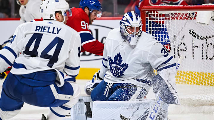 MONTREAL, QC – OCTOBER 26: Toronto Maple Leafs Michael Hutchinson and Morgan Rielly