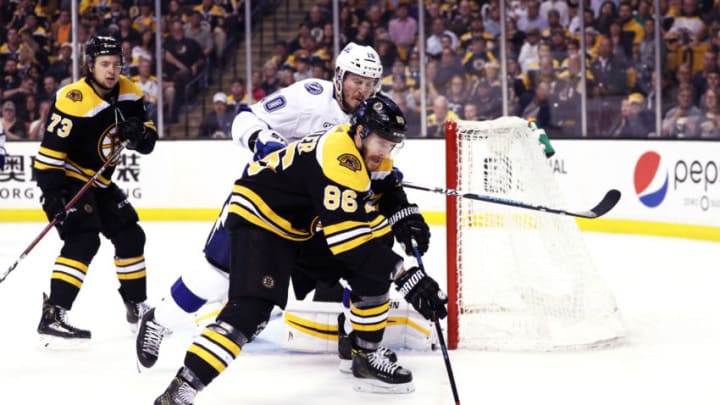 BOSTON, MA - MAY 4: J.T. Miller #10 of the Tampa Bay Lightning defends Kevan Miller #86 of the Boston Bruins during the second period of Game Four of the Eastern Conference Second Round during the 2018 NHL Stanley Cup Playoffs at TD Garden on May 4, 2018 in Boston, Massachusetts.(Photo by Maddie Meyer/Getty Images)