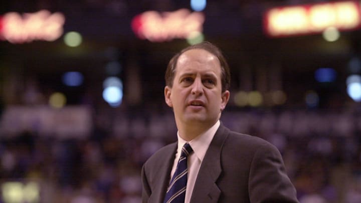 29 Apr 2001: Head coach Jeff Van Gundy of the New York Knicks looks on during game three of the NBA Playoffs against the Toronto Raptors at the Air Canada Centre in Toronto, Ontario, Canada. The Knicks won 97-89. DIGITAL IMAGE. Mandatory Credit: Ezra O. Shaw/Allsport