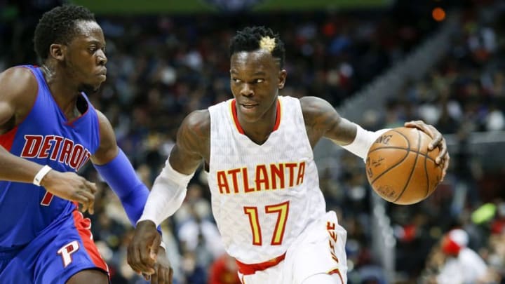 Dec 30, 2016; Atlanta, GA, USA; Atlanta Hawks guard Dennis Schroder (17) drives against Detroit Pistons guard Reggie Jackson (1) in the third quarter at Philips Arena. The Hawks won 105-98. Mandatory Credit: Brett Davis-USA TODAY Sports