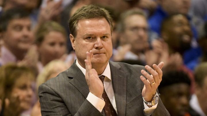 LAWRENCE, KS – DECEMBER 18: Head coach Bill Self of the Kansas Jayhawks applauds his team during the first half against the Nebraska-Omaha Mavericks on December 18, 2017 at Allen Field House in Lawrence, Kansas. (Photo by Reed Hoffmann/Getty Images)