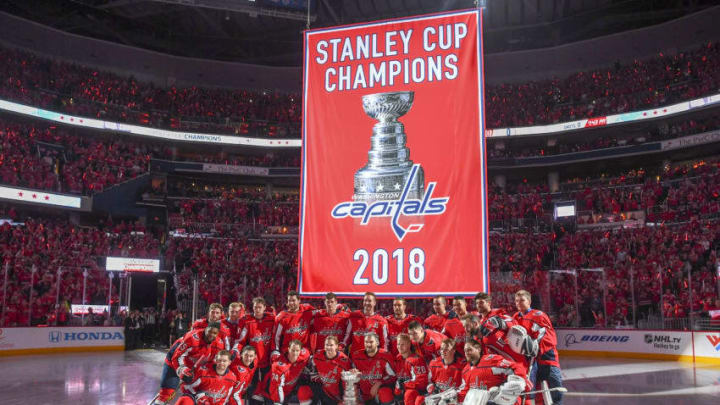 WASHINGTON, DC - OCTOBER 3: at The Washington Capitals gather for a team photo as the 2018 Stanley Cup Banner is raised into the rafters of the Capital One Arena on Wednesday, October 3, 2018. (Photo by Jonathan Newton / The Washington Post via Getty Images)