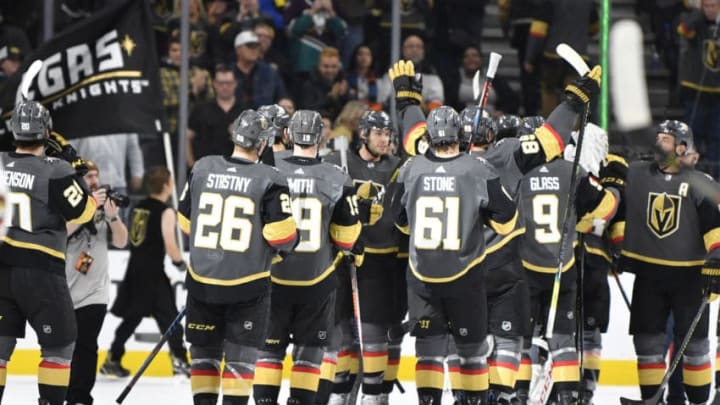 LAS VEGAS, NEVADA - DECEMBER 31: The Vegas Golden Knights celebrate after defeating the Anaheim Ducks at T-Mobile Arena on December 31, 2019 in Las Vegas, Nevada. (Photo by Jeff Bottari/NHLI via Getty Images)