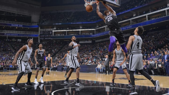 SACRAMENTO, CA – NOVEMBER 12: Harry Giles #20 of the Sacramento Kings dunks against the San Antonio Spurs on November 12, 2018 at Golden 1 Center in Sacramento, California. NOTE TO USER: User expressly acknowledges and agrees that, by downloading and or using this photograph, User is consenting to the terms and conditions of the Getty Images Agreement. Mandatory Copyright Notice: Copyright 2018 NBAE (Photo by Rocky Widner/NBAE via Getty Images)