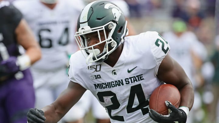 EVANSTON, ILLINOIS – SEPTEMBER 21: Elijah Collins #24 of the Michigan State Spartans runs against the Northwestern Wildcats at Ryan Field on September 21, 2019 in Evanston, Illinois. Michigan State defeated Northwestern 31-10. (Photo by Jonathan Daniel/Getty Images)