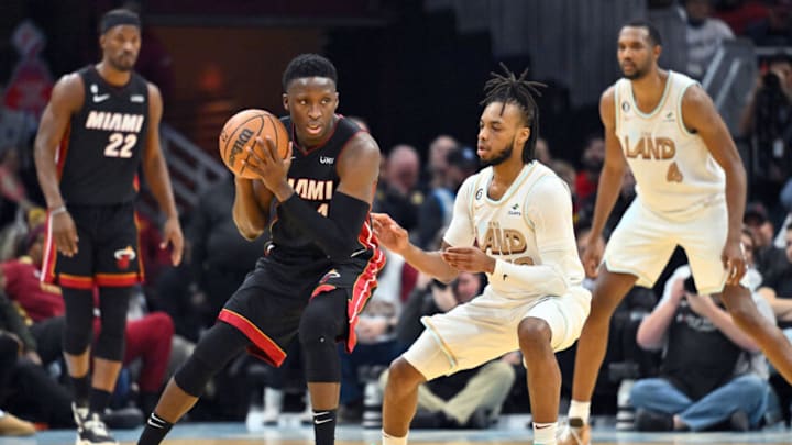 Victor Oladipo #4 of the Miami Heat runs a play as he is guarded by Darius Garland #10 of the Cleveland Cavaliers(Photo by Jason Miller/Getty Images)