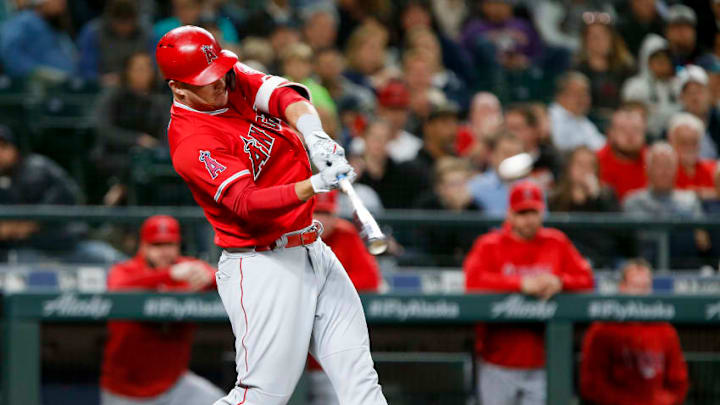 SEATTLE, WA - JUNE 11: Mike Trout #27 of the Los Angeles Angels of Anaheim hits a home run against the Seattle Mariners in the eighth inning during the game at Safeco Field on June 11, 2018 in Seattle, Washington. (Photo by Lindsey Wasson/Getty Images)