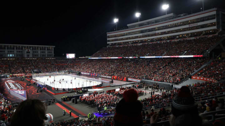 Feb 18, 2023; Raleigh, North Carolina, USA; A view of the game between the Washington Capitals and the Carolina Hurricanes in the third period during the 2023 Stadium Series ice hockey game at Carter-Finley Stadium. Mandatory Credit: Geoff Burke-USA TODAY Sports