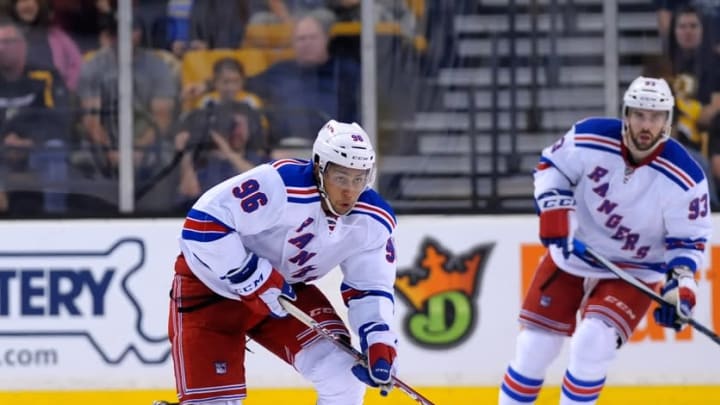 Sep 24, 2015; Boston, MA, USA; New York Rangers right wing Emerson Etem (96) carries the puck during the second period against the Boston Bruins at TD Garden. Mandatory Credit: Bob DeChiara-USA TODAY Sports