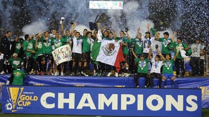 June 25, 2011; Pasadena, CA, USA; Mexico celebrates after winning the 2011 CONCACAF Gold Cup Final against the United States at the Rose Bowl. Mexico won 4-2. Mandatory Credit: Kelvin Kuo-USA TODAY Sports