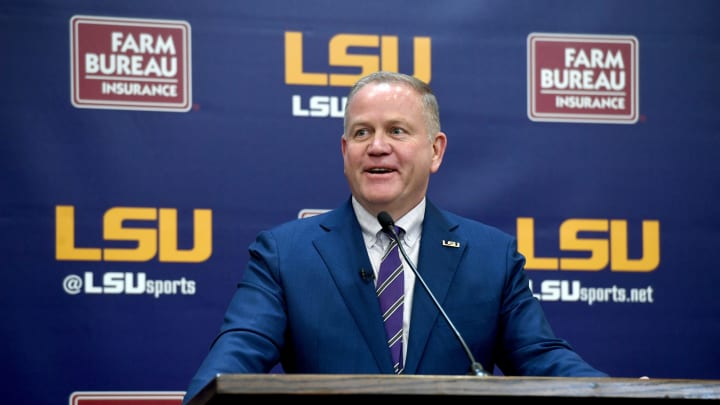 Dec 1, 2021; Baton Rouge, LA, USA; Newly named LSU Tigers head football coach Brian Kelly answers media questions after being introduced in a press conference at Tiger Stadium. Mandatory Credit: Patrick Dennis-USA TODAY Sports