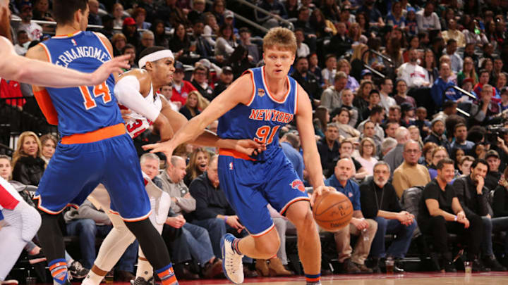 AUBURN HILLS, MI - MARCH 11: Mindaugas Kuzminskas #91 of the New York Knicks handles the ball during a game against the Detroit Pistons on March 11, 2017 at The Palace of Auburn Hills in Auburn Hills, Michigan. Copyright 2017 NBAE (Photo by Brian Sevald/NBAE via Getty Images)