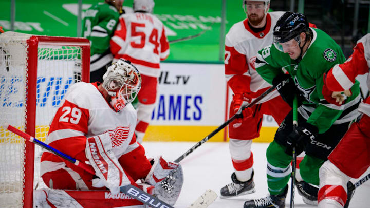Jan 26, 2021; Dallas, Texas, USA; Detroit Red Wings goaltender Thomas Greiss (29) makes a save on a shot by Dallas Stars center Rhett Gardner (49) during the second period at the American Airlines Center. Mandatory Credit: Jerome Miron-USA TODAY Sports