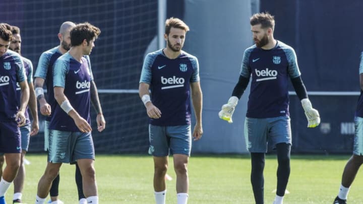 Sergi Samper from Spain and Adria Ortola from Spain during the first FC Barcelona training session of the 2018/2019 La Liga pre season in Ciutat Esportiva Joan Gamper, Barcelona on 11 of July of 2018. (Photo by Xavier Bonilla/NurPhoto via Getty Images)
