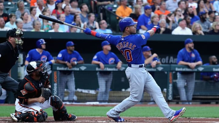 BALTIMORE, MD - JULY 14: Willson Contreras #40 of the Chicago Cubs follows his three RBI home run against the Baltimore Orioles in the first inning at Oriole Park at Camden Yards on July 14, 2017 in Baltimore, Maryland. (Photo by Rob Carr/Getty Images)