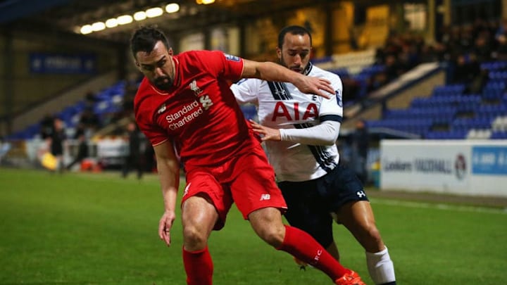 CHESTER, ENGLAND - JANUARY 25: Jose Enrique of Liverpool holds off Andros Townsend of Tottenham Hotspur during the Barclays U21 Premier League match between Liverpool U21 and Tottenham Hotspur U21 at Lookers Vauxhall Stadium on January 25, 2016 in Chester, England. (Photo by Alex Livesey/Getty Images)