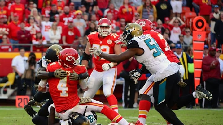 Nov 6, 2016; Kansas City, MO, USA; Kansas City Chiefs quarterback Nick Foles (4) is sacked by Jacksonville Jaguars defensive tackle Sen'Derrick Marks (99) during the second half at Arrowhead Stadium. The Chiefs won 19-14. Mandatory Credit: Jeff Curry-USA TODAY Sports
