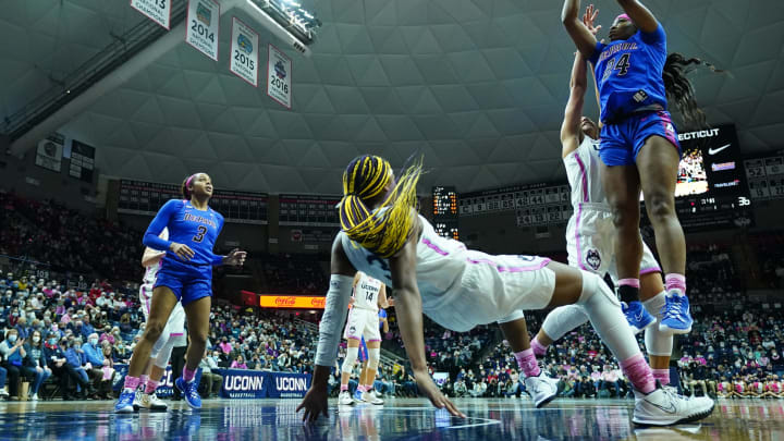 Feb 11, 2022; Storrs, Connecticut, USA; DePaul Blue Demons forward Aneesah Morrow (24) shoots against UConn Huskies forward Aaliyah Edwards (3) in the second half at Harry A. Gampel Pavilion. Mandatory Credit: David Butler II-USA TODAY Sports