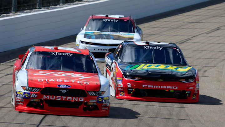 NEWTON, IA - JULY 29: Ryan Reed, driver of the #16 Lilly Diabetes Ford, leads a pack of cars during the NASCAR XFINITY Series US Cellular 250 Presented by American Ethanol at Iowa Speedway on July 29, 2017 in Newton, Iowa. (Photo by Daniel Shirey/Getty Images)
