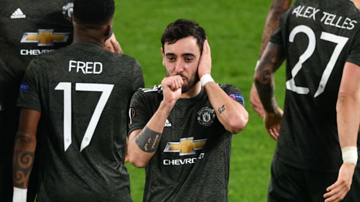 TURIN, ITALY - FEBRUARY 18: Bruno Fernandes of Manchester United celebrates a goal with teammates during the UEFA Europa League Round of 32, first leg match between Real Sociedad and Manchester United at Allianz Stadium on February 18, 2021 in Turin, Italy. (Photo by Chris Ricco/Getty Images)