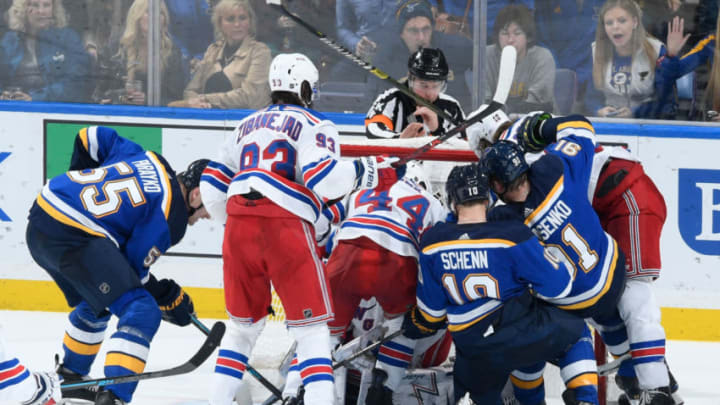 ST. LOUIS, MO - DECEMBER 31: New York Rangers and St. Louis Blues during a stoppage in play at Enterprise Center on December 31, 2018 in St. Louis, Missouri. (Photo by Scott Rovak/NHLI via Getty Images)