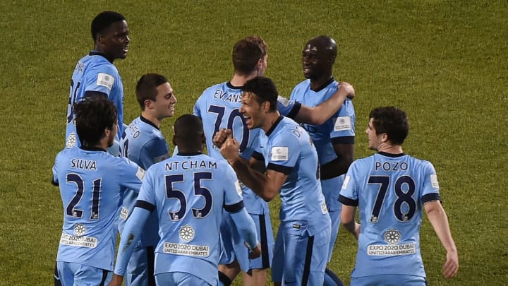 May 27, 2015; Toronto, Ontario, Canada; Manchester City players surround midfielder George Evans as they celebrate his second half goal in a 1-0 win over Toronto FC in an international club friendly at BMO Field. Mandatory Credit: Dan Hamilton-USA TODAY Sports