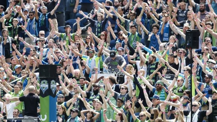 Jul 31, 2016; Seattle, WA, USA; Seattle Sounders fans perform a chant during a ceremony before kickoff against the Los Angeles Galaxy the first half at CenturyLink Field. Mandatory Credit: Joe Nicholson-USA TODAY Sports