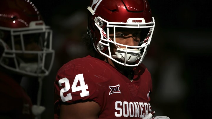 ARLINGTON, TX – DECEMBER 2: Rodney Anderson #24 of the Oklahoma Sooners takes the field before the Oklahoma Sooners play the TCU Horned Frogs at AT&T Stadium on December 2, 2017 in Arlington, Texas. OU won 41-17. (Photo by Ron Jenkins/Getty Images)