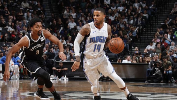 BROOKLYN, NY - OCTOBER 20: D.J. Augustin #14 of the Orlando Magic handles the ball against the Brooklyn Nets on October 20, 2017 at Barclays Center in Brooklyn, New York. NOTE TO USER: User expressly acknowledges and agrees that, by downloading and or using this Photograph, user is consenting to the terms and conditions of the Getty Images License Agreement. Mandatory Copyright Notice: Copyright 2017 NBAE (Photo by Nathaniel S. Butler/NBAE via Getty Images)