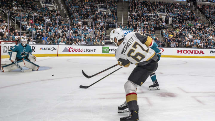 SAN JOSE, CA – APRIL 18: Vegas Golden Knights left wing Max Pacioretty (67) takes an open shot at the net while San Jose Sharks goaltender Martin Jones (31) gets set for the stop during Game 5, Round 1 between the Vegas Golden Knights and the San Jose Sharks on Thursday, April 18, 2019 at the SAP Center in San Jose, California. (Photo by Douglas Stringer/Icon Sportswire via Getty Images)