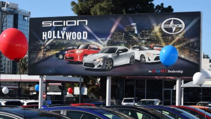 EDITORS NOTE: Graphic content / Cars at a Toyota Scion dealer in Hollywood, California on February 3, 2016. Toyota is discontinuing its Scion brand with the vehicles being re-badged as Toyota. The 13 year old brand was originally conceived to attract young buyers. / AFP / Mark Ralston (Photo credit should read MARK RALSTON/AFP/Getty Images)