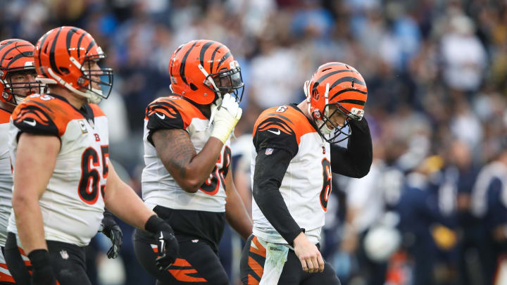 CARSON, CA – DECEMBER 09: Quarterback Jeff Driskel #6 of the Cincinnati Bengals looks on after being sacked during a two-point conversion attempt in the fourth quarter against the Los Angeles Chargers at StubHub Center on December 9, 2018 in Carson, California. (Photo by Sean M. Haffey/Getty Images)