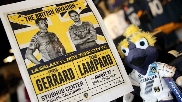 LOS ANGELES, CA - AUGUST 21: Cosmo the LA Galaxy mascot next to a poster in the LA Galaxy Shop advertising the MLS Fixture LA Galaxy v New York City featuring English players